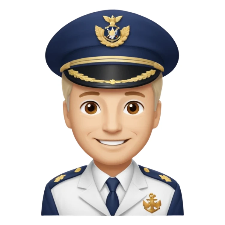A light-skinned mid-aged man with brown eyes, smiling while wearing a white captain’s hat with a navy emblem. sticker