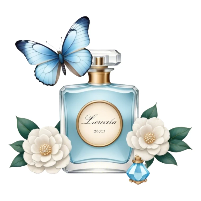 A nostalgic composition of an antique perfume bottle with a crystal stopper, an old love letter, and a single pale blue butterfly resting atop a white camellia.
 sticker