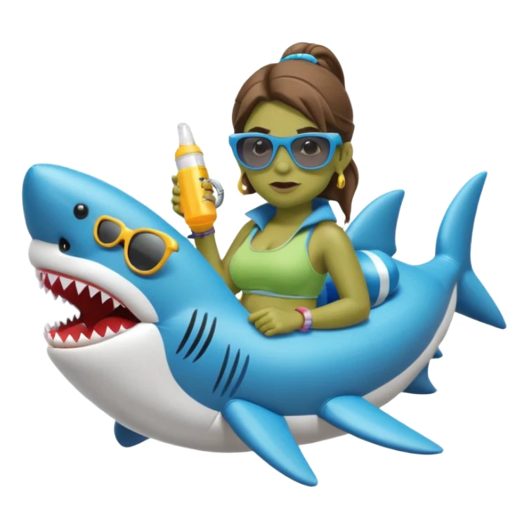 orc female sitting in an inflatable floatie shaped like a shark, wearing oversized sunglasses and a whistle on a neck cord, 2d sticker