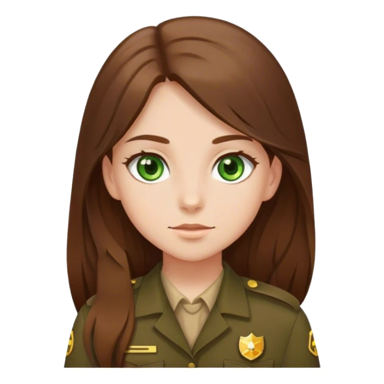 Chica pelo largo castaño ojos verdes piel clara y uniforme cafe  sticker