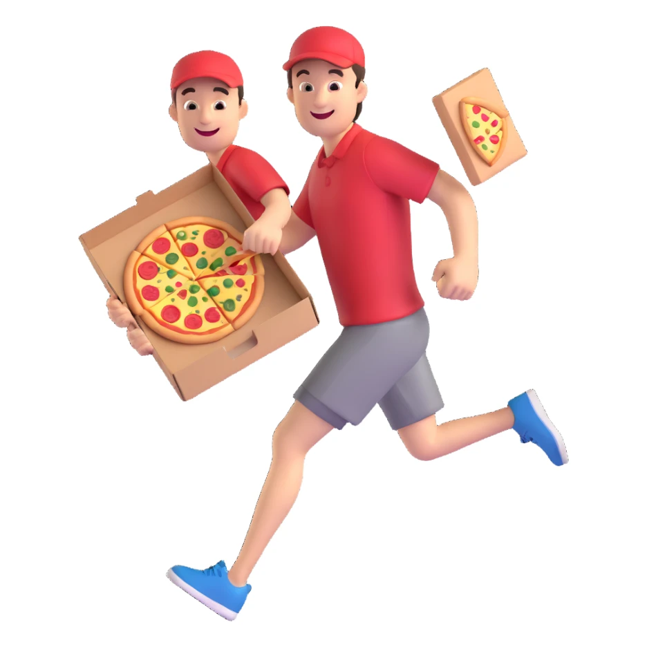 a man running with a pizza box in his hands, smiling, 3D cartoon style, exaggerated features sticker