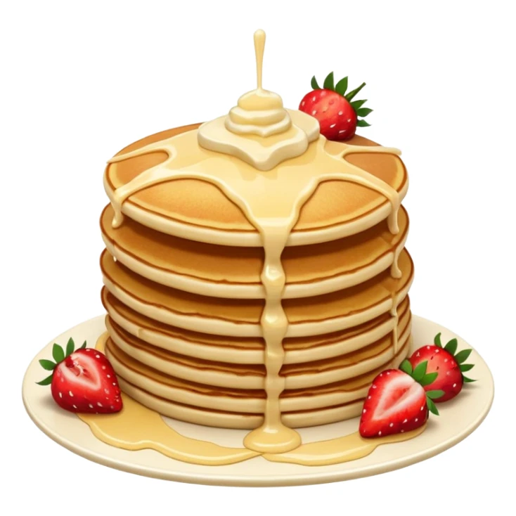 a stack of pancakes with melted white chocolate drizzle and strawberries sticker