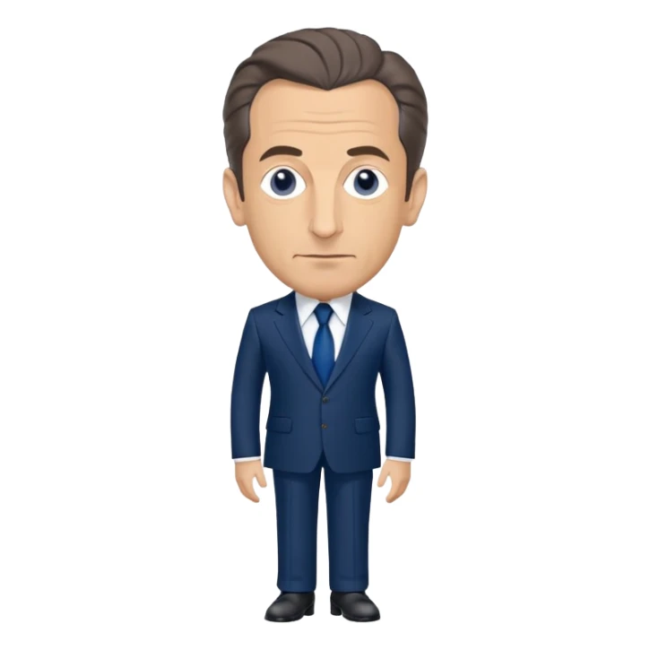 figure of Nicolas Sarkozy with an oversized head and small body, standing, wearing a navy suit and blue tie, highly recognizable face, simplified details sticker