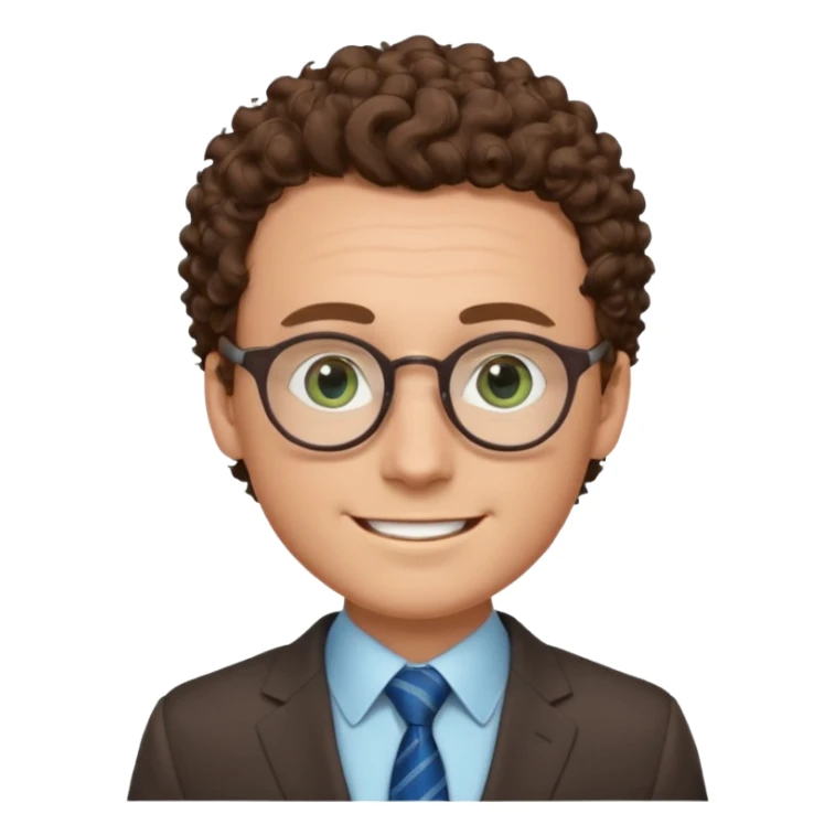 The face of a white man, with blue/green eyes, a large forehead, small and thin round glasses, curly brown hair, wearing a suit, and smiling sticker