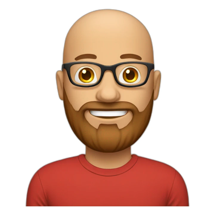 Bald man smiling with glasses and big brown beard with. Wearing red t shirt sticker