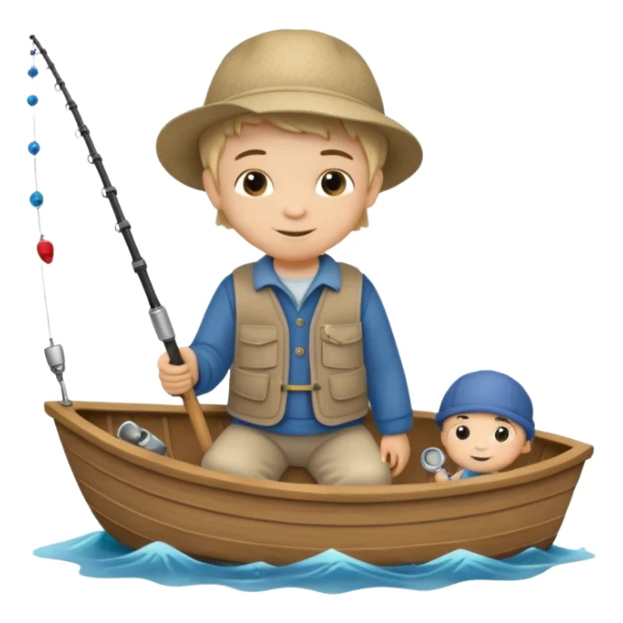 Little boy on a little boat fishing, felt texture, scrapbooking, precious moments style character sticker