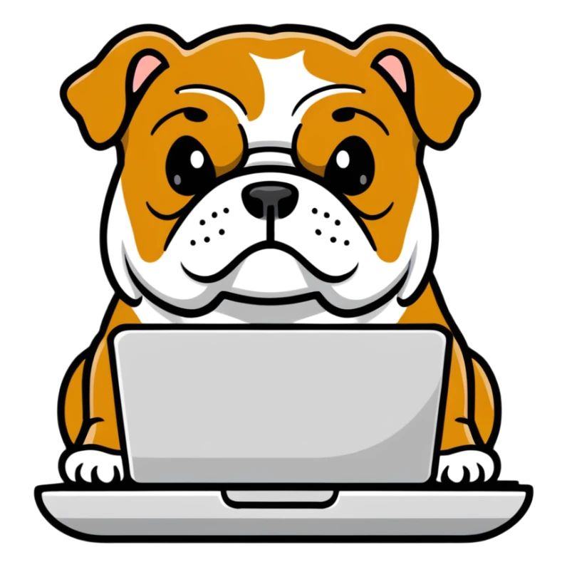 English bulldog with a laptop sticker