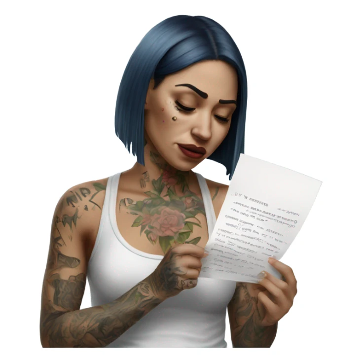 Hyper Realistic Beautiful tattooed woman crying holding a letter  sticker
