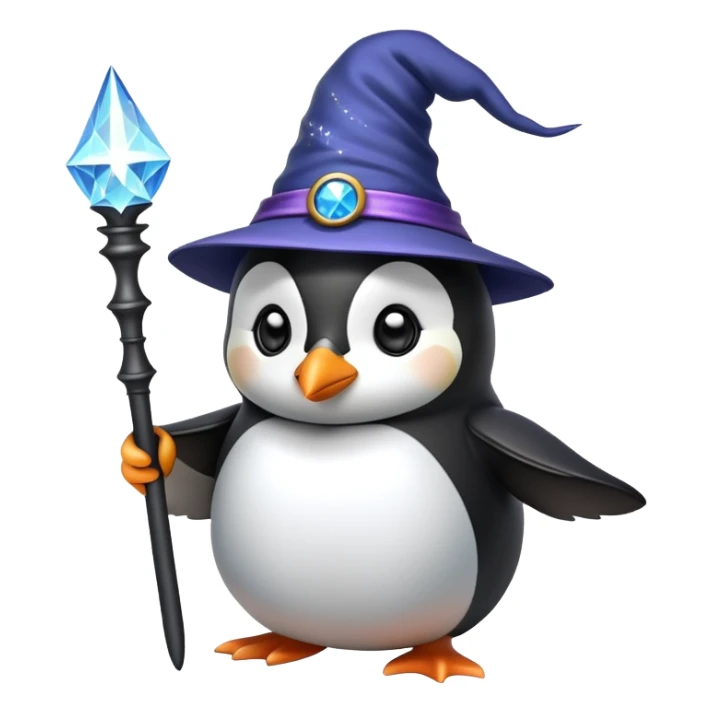 A penguin wearing a wizard hat and holding a magic wand sticker