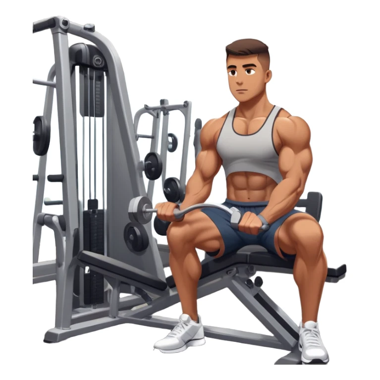 A focused athlete working out on a strength training machine in a modern gym. Muscles engaged, expression determined, demonstrating power and endurance. The gym is filled with equipment like dumbbells, barbells, and mirrors reflecting effort, creating a high-energy atmosphere. sticker