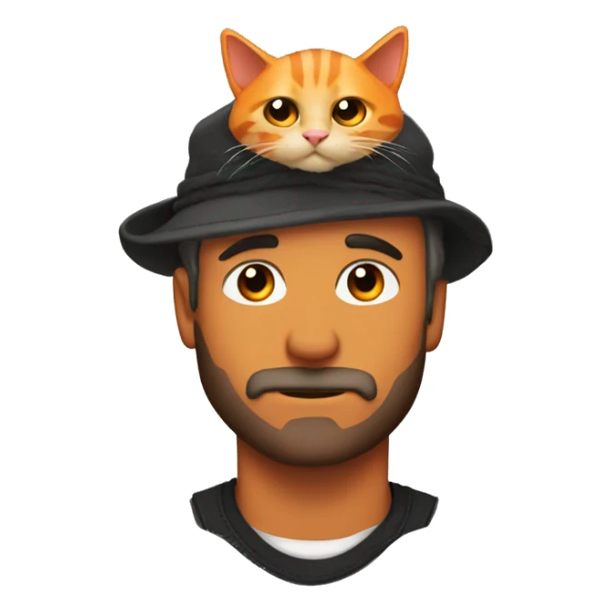 Stubble rugged man with orange and black cat laying on his head sticker