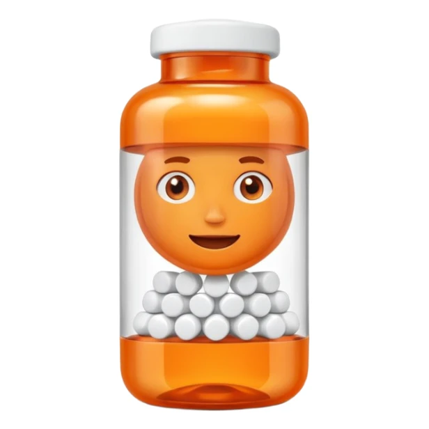 A 3D cartoon medicine bottle with orange transparent body and white cap, filled with pills, soft studio lighting, realistic Memoji-style. sticker