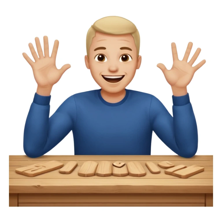 A man is laughing with his head siting on the table and his both hands are knocking the table sticker