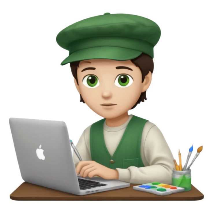 boy working in Macbook, him hat same like painter artist, eyes green color, color hair dark brown sticker