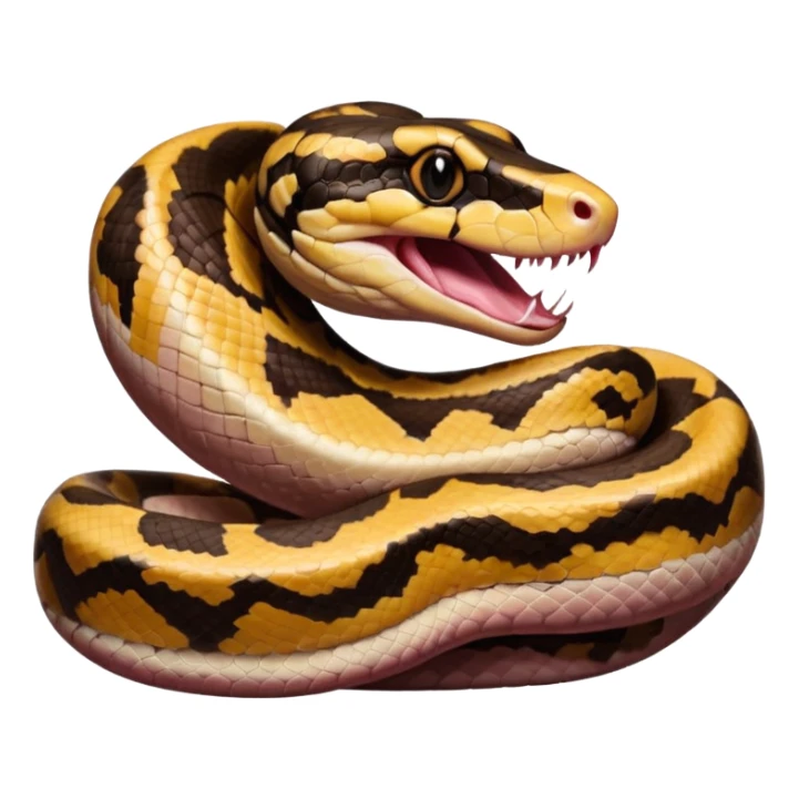 A photo-realistic digital illustration of a Ball Python, large headshot portrait. The snake has a short, rounded snout, smooth contours, and a wide, slow yawn exposing its soft pink mouth. Its head is warm brown with bold, irregular dark markings, including the signature “alien-head” pattern. sticker