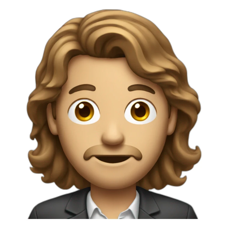 a journalist man with long brown hair with a microphone sticker