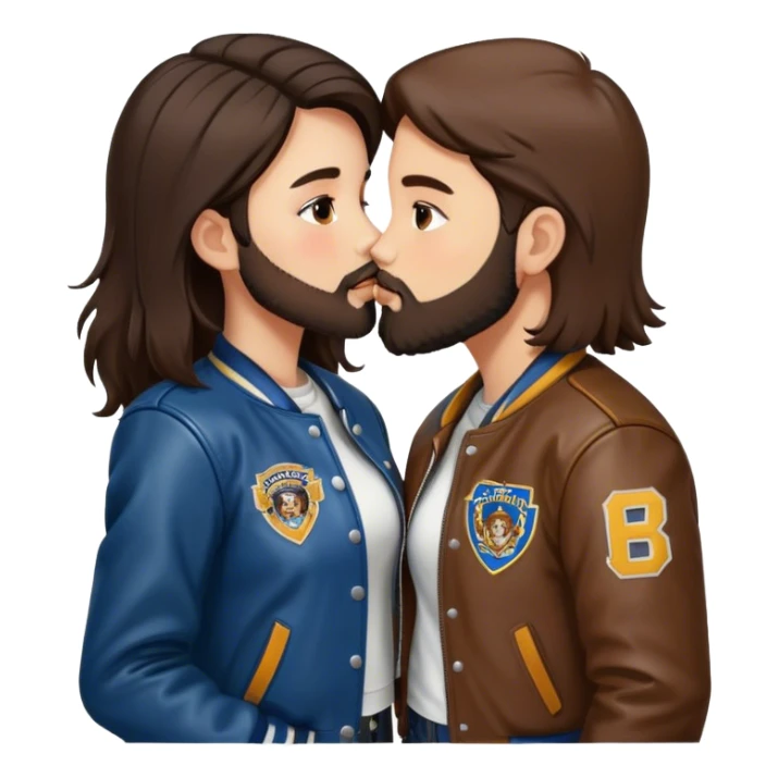 A brunette girl with a letterman jacket kissing a brunette boy with a beard and leather jacket  sticker