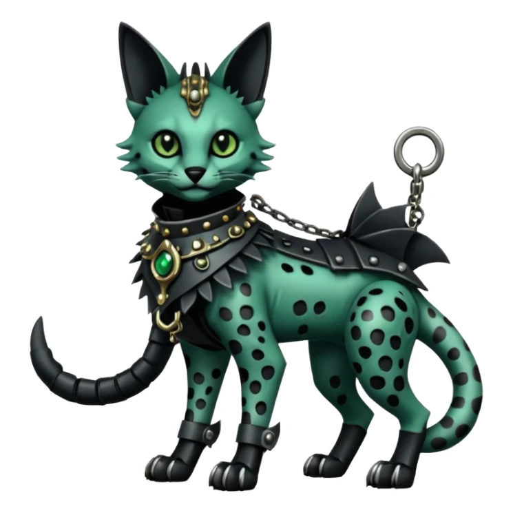 Epic complex detailed dark dusky gloomy deep gothic dark-deep-green, black, realistic Fakémon-Sprigatito-Floragato-Meowscarada-Trico-Sergal-Serval-Vernid-creature (full body) with metal gears and metal knight collar sticker