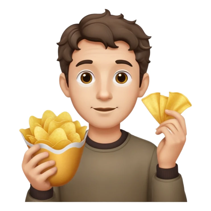 Man with short wavy hair, large ears, holding potato chips sticker