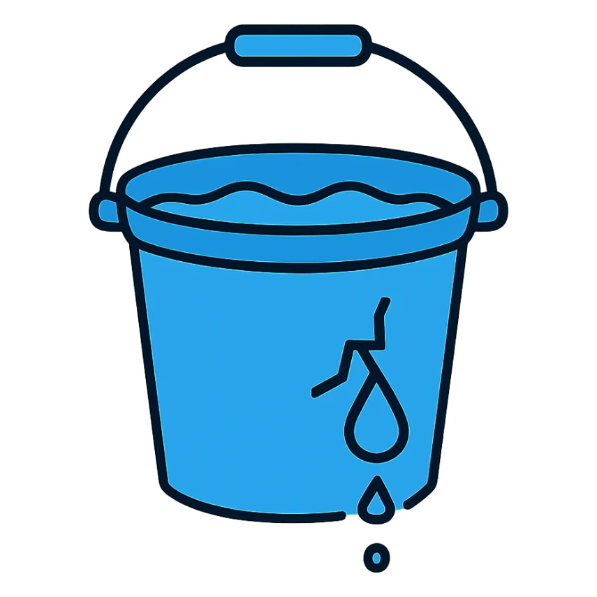 blue bucket of water with a visible leak, water dripping out sticker