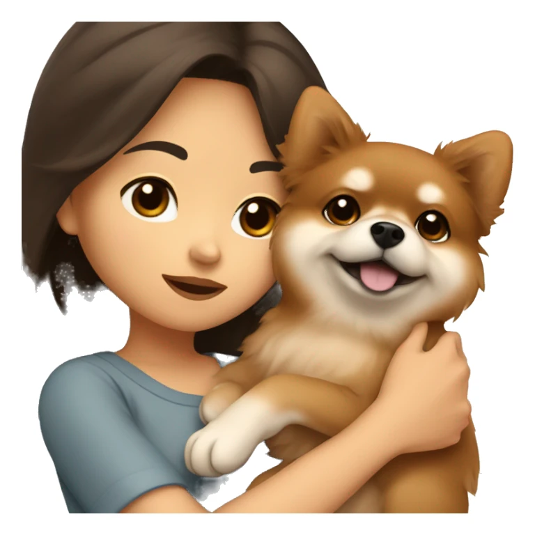 brunette asian girl cuddling brown pomeranian puppy sticker