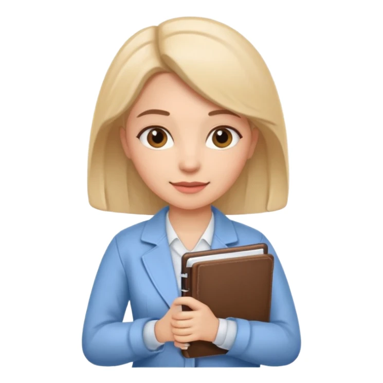 Cute female psychologist character, friendly and professional, holding a notebook, therapy office background, cartoon style, white background sticker