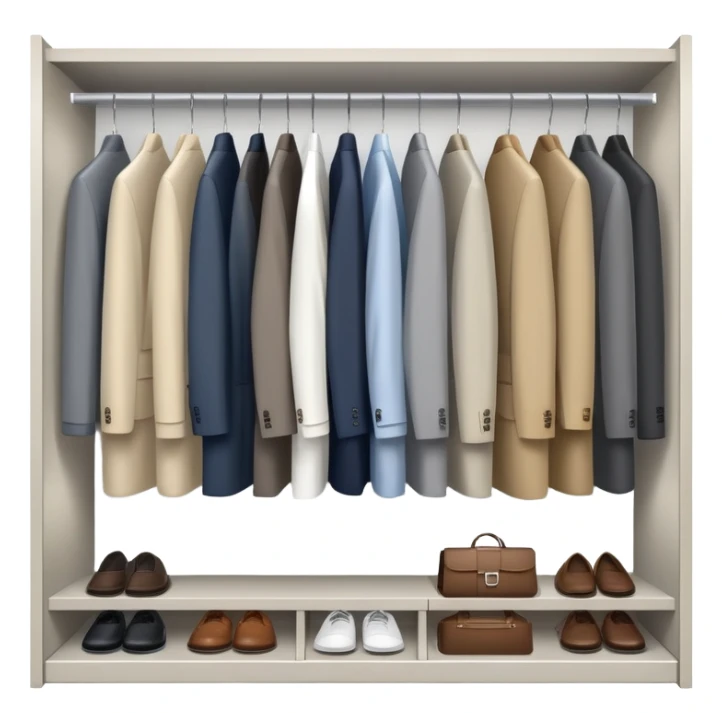 Minimalist wardrobe closet slightly open showing neatly hung professional jackets and shirts inside, organized sticker