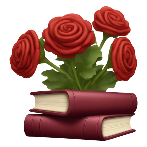 A red stack of books with a maroon bouquet of vintage-style Brats sticker
