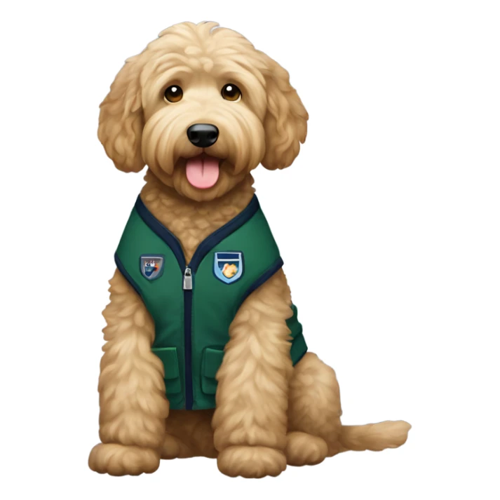 Goldendoodle in a navy green vest sticker