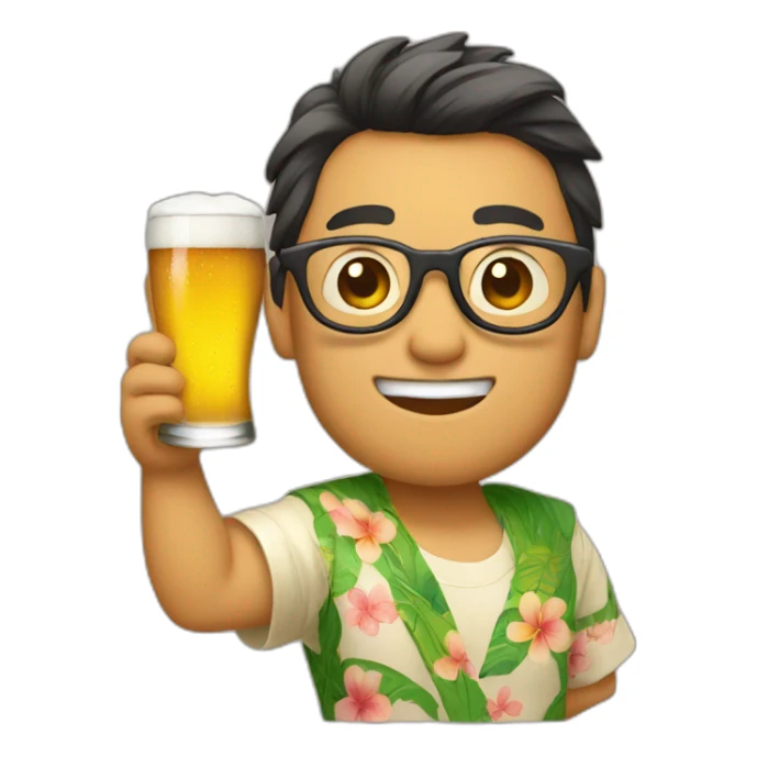 Japanese wearing glasses alohashirt is holding beer sticker
