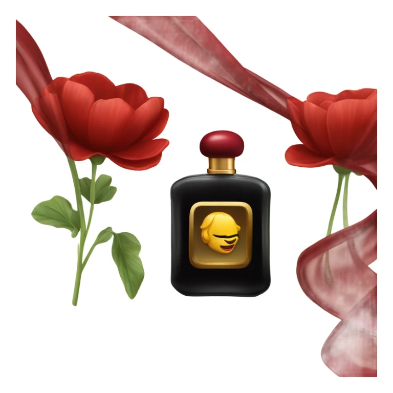 Dark red sophisticated perfume bottle with red buttercups and a silk scarf sticker