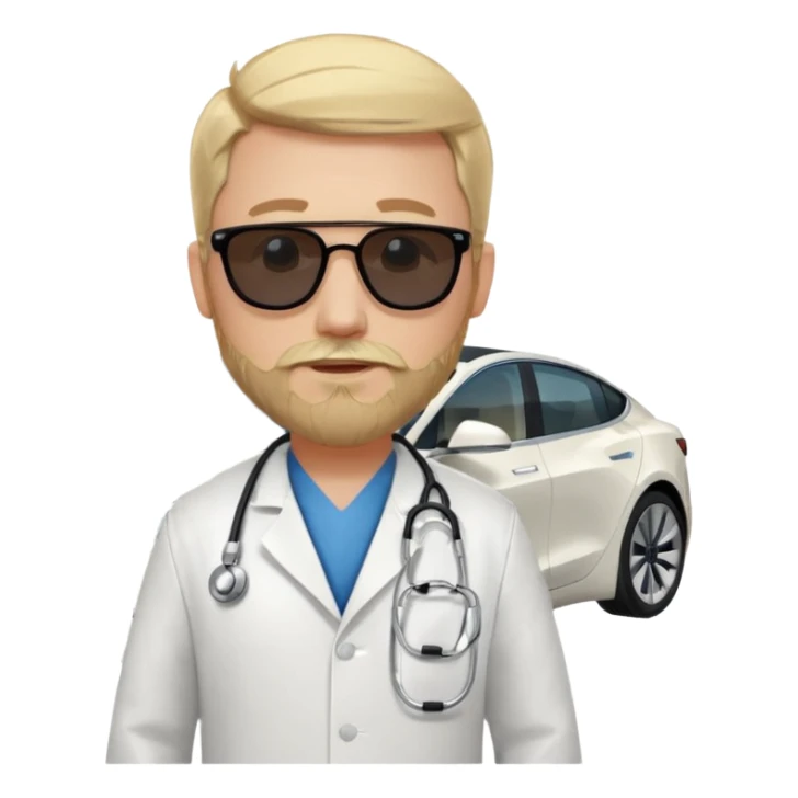 White tesla model 3 and one cool physician with blond hair, beard, stetoscope and dark sunglasses next to it sticker