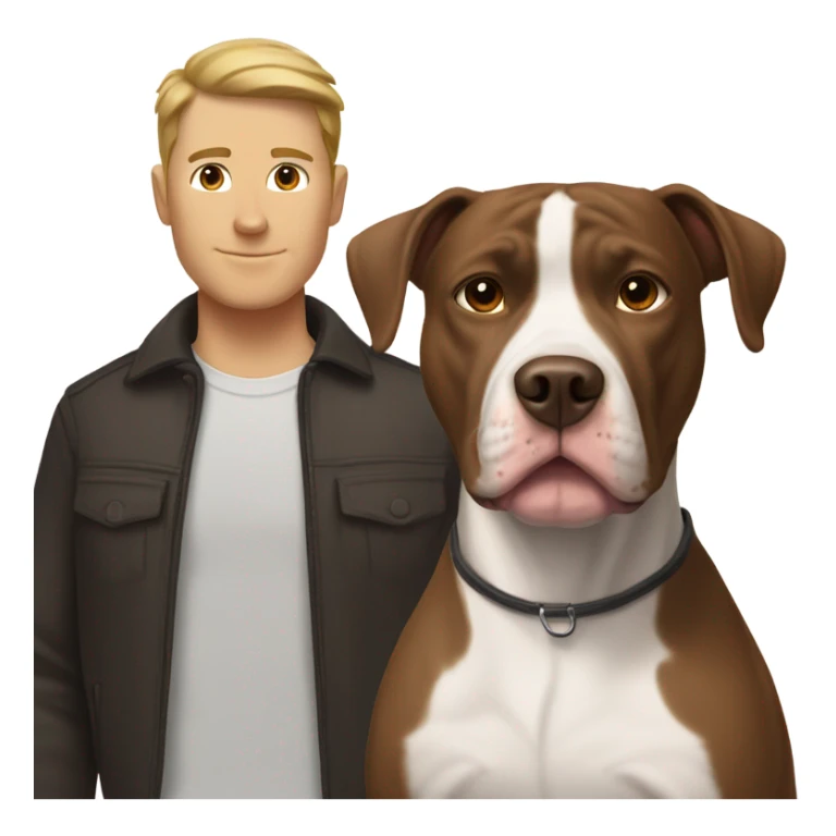 white male with dark brown hair and 5 o'clock shadow standing alongside a white and brown pitbull sticker