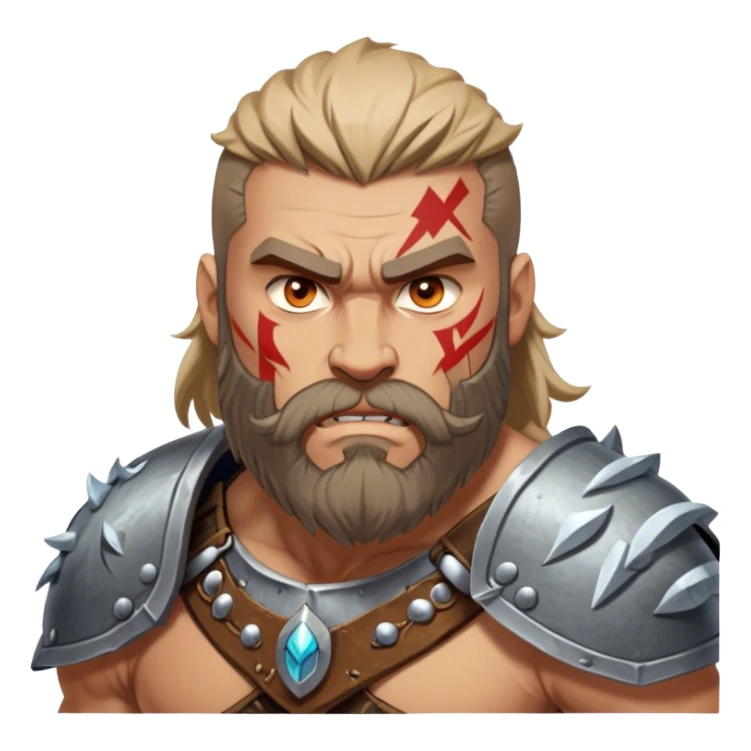 Clash of Clans aesthetic: Cinematic Rugged Barbarian Portrait Emoji, Intense and formidable with a heavily muscled physique, a rugged beard, piercing eyes and battle-worn armor adorned with tribal markings, his complexion a light tan that speaks of hard-fought battles, Simplified yet powerfully detailed features, highly detailed, glowing with a deep, primal energy, high shine, gritty and uncompromising, stylized with an air of raw, untamed power, focused and determined, soft glowing outline, capturing the essence of a barbarian warrior carved by countless battles and poised to lead his clan into epic conflict! sticker