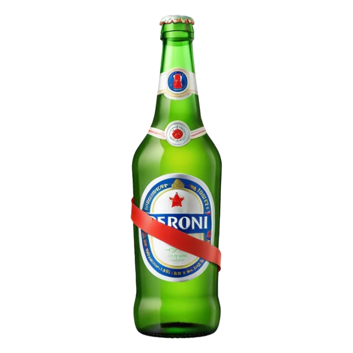 Glass bottle Peroni with red marketing tape sticker
