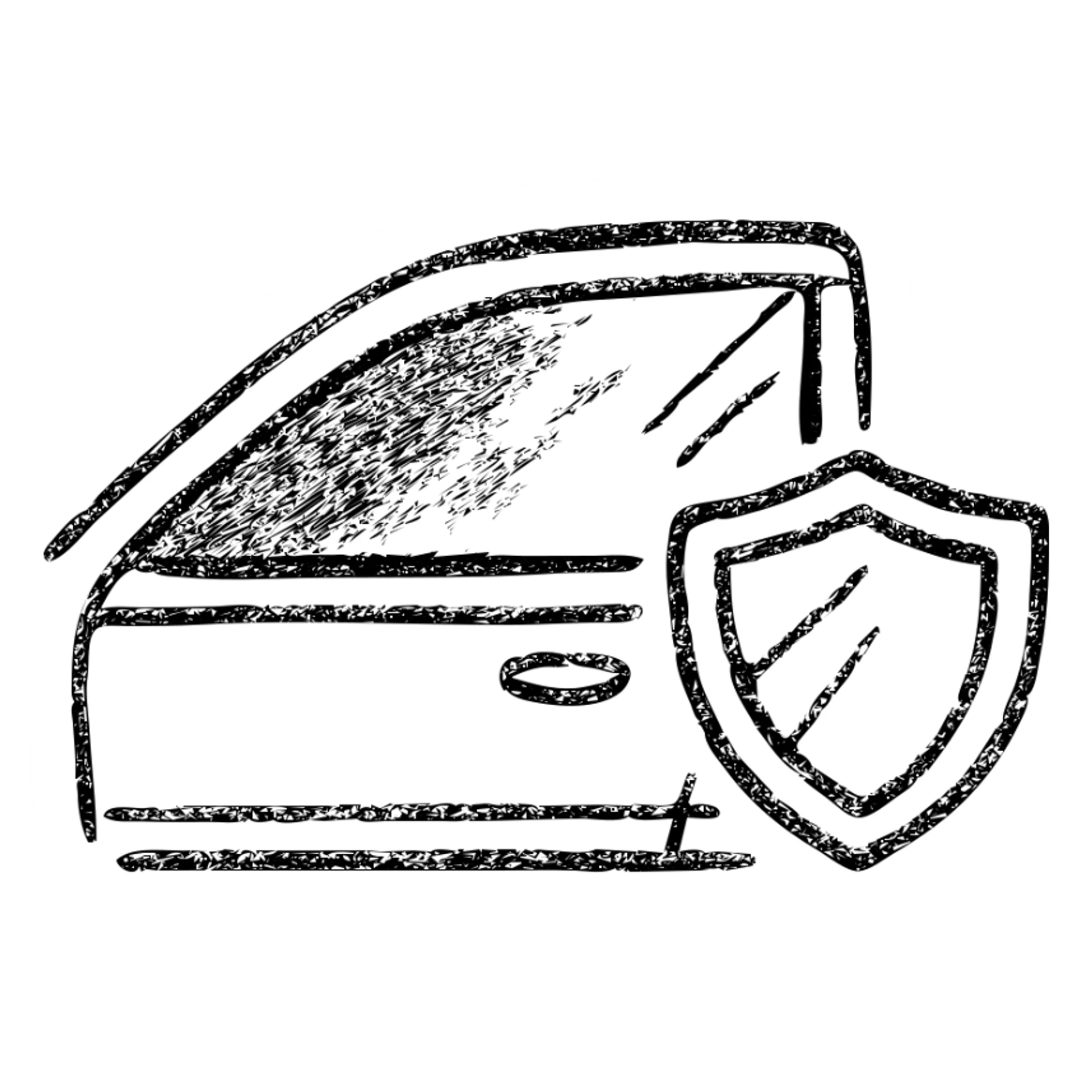 hand-drawn outlined icon of luxury car side window, dark gradient, small shield or blocked sunbeam, subtle shading, clean and modern sticker