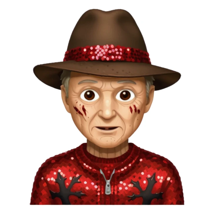 Freddy Krueger with tan burned skin, red sequin sweater, dark brown sequin jacket and hat sticker