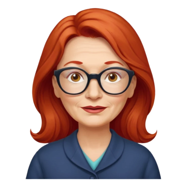 obese; older 50's ; long red hair ; women hazel eyes; glasses sticker