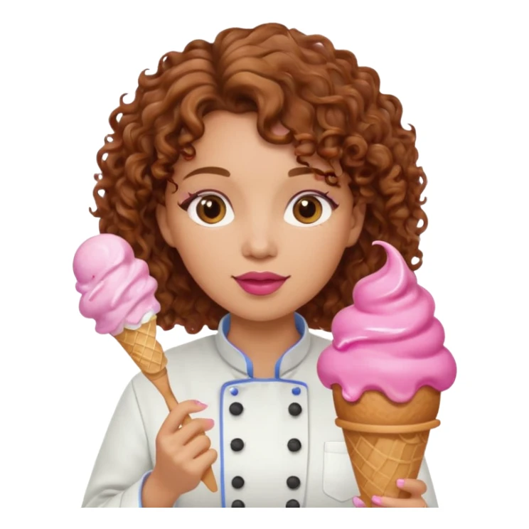 woman brown curly hair, chef, eating pink ice cream sticker