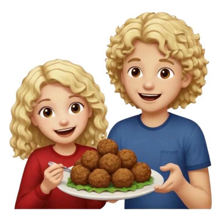 Ragazza bionda leggermente riccia e lunghi che ride ad un ragazzo con i capelli ricci scuri mentre mangia polpette sticker