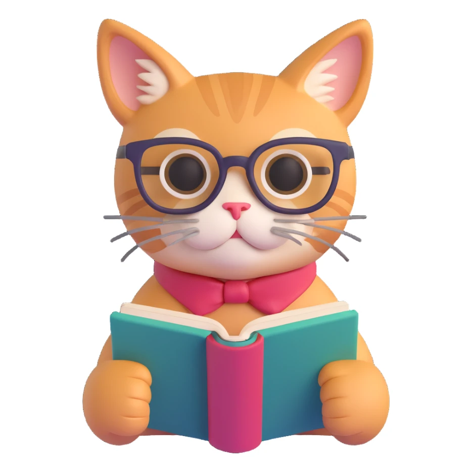 A cat with glasses reading a book, monochromatic colors, sleek design, modern look sticker