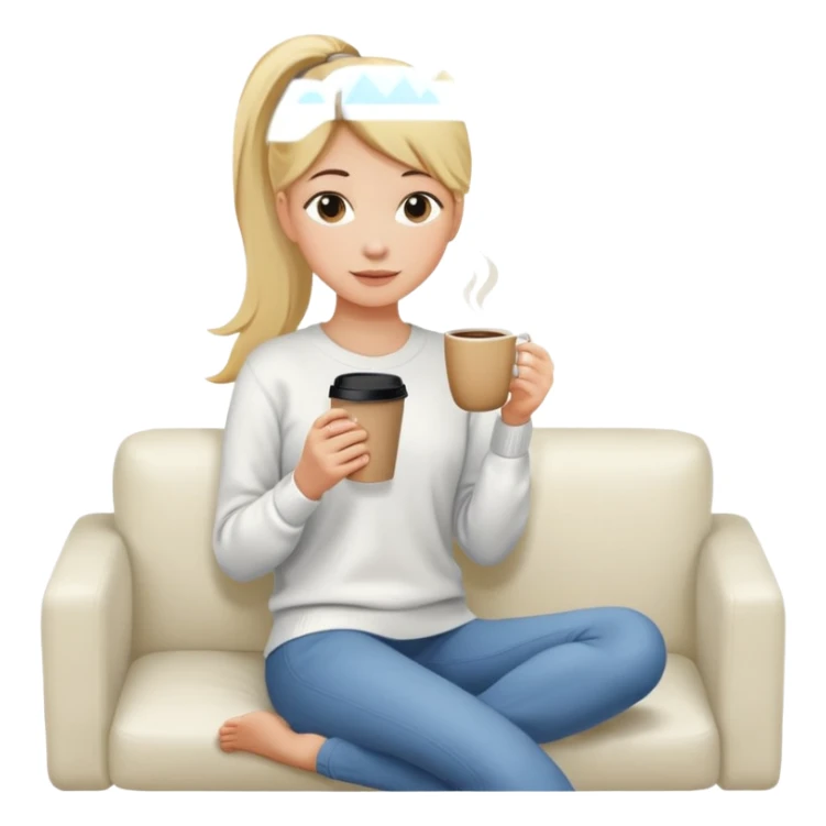girl with long blonde ponytail holding coffee cup sitting on white couch sticker