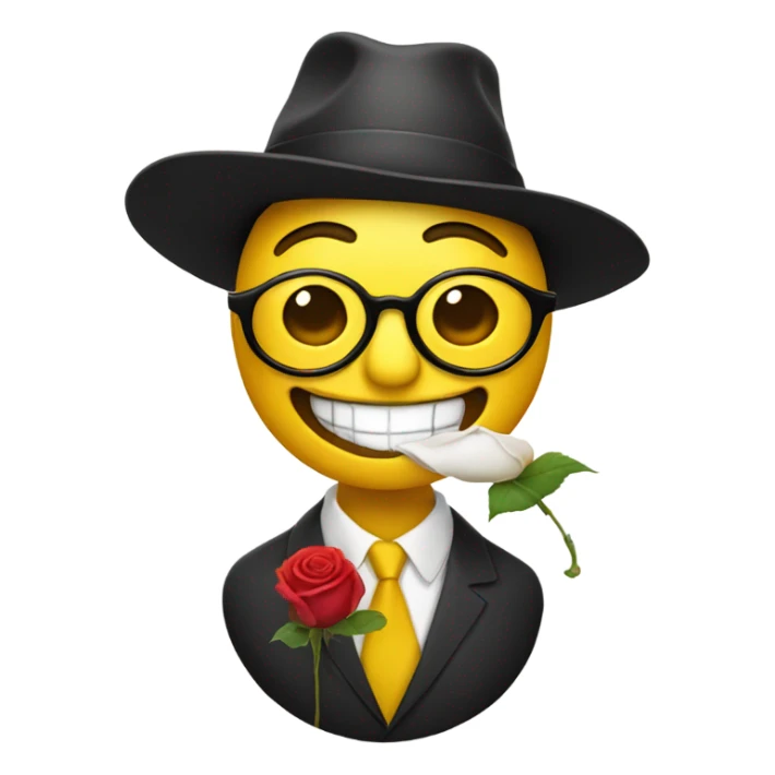 A yellow man with glasses and a hat on his head holds one rose in his teeth sticker