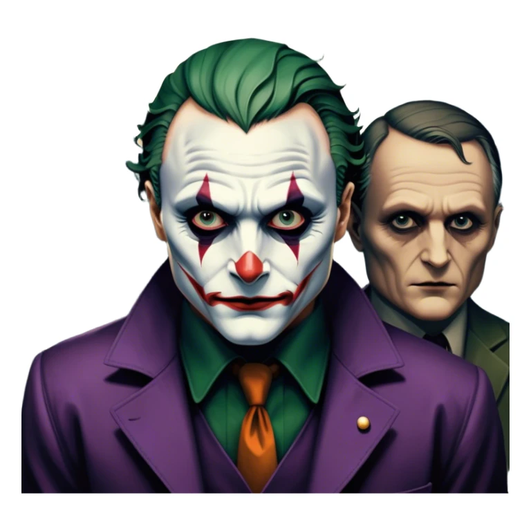 Icon for Thriller Movies: A dramatic close-up collage with iconic characters like Joker and Hannibal Lecter. Set against a dark, moody cityscape with shadows and ominous lighting. A suspenseful atmosphere with eerie tones. Transparent background. sticker
