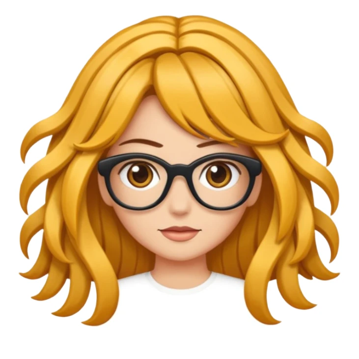 Uma garota de cabelos encaracolados compridos e mechas bem loiras, com pele morena  e óculos sticker
