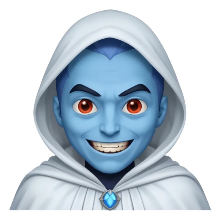 villain smiling with a white cloak, blue skin sticker