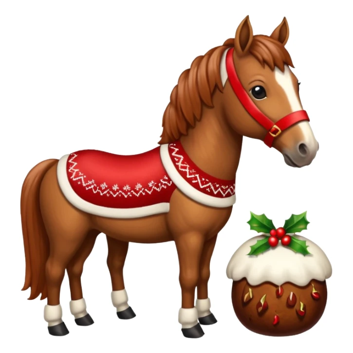 Xmas horse with red bows and a Christmas pudding jumper sticker