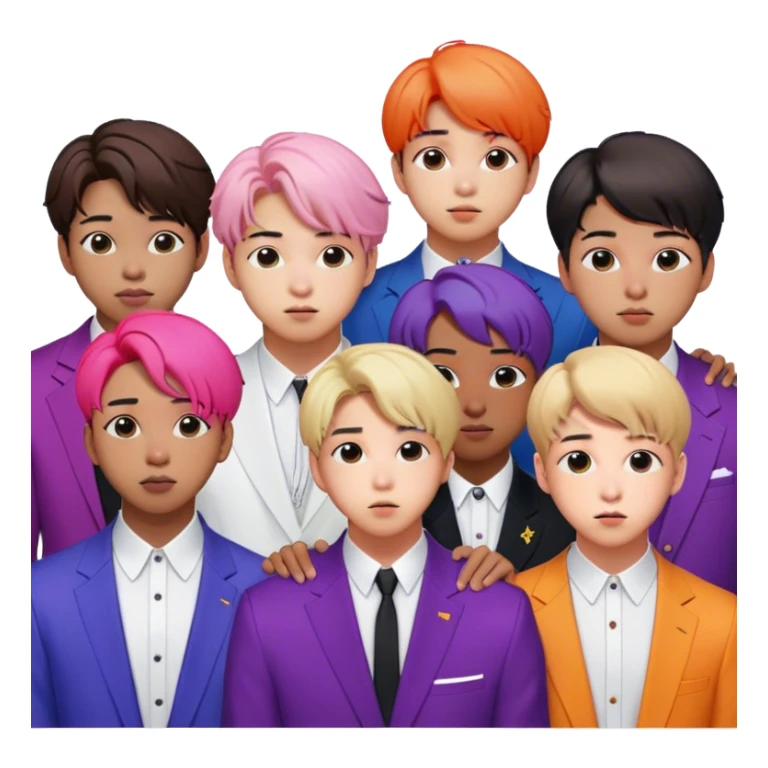 Cinematic Realistic group portrait of BTS featuring all 7 members in stylish modern attire, with detailed facial expressions and vibrant colors, captured in dynamic, contemporary lighting that emphasizes their global pop icon status sticker