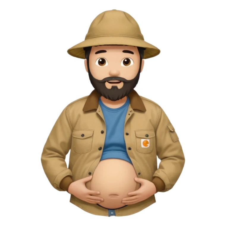 Bearded man rubbing pregnant belly poking out of shirt wearing a tan canvas carhartt jacket with a stereotypical large chinese hat on and buck teeth sticker