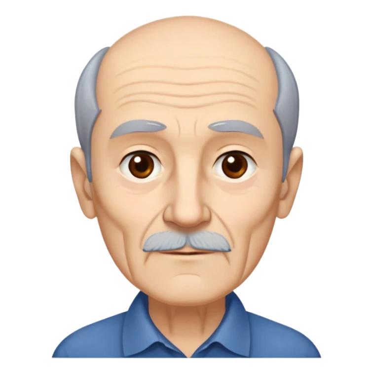 Elderly thin man with light skin. Narrow face with visible cheekbones and jawline. Signs of aging with some wrinkles. Expressive dark brown eyes, thick eyebrows. Short brown hair with receding hairline. Untidy brown beard with some gray strands. Wearing a dark blue shirt. sticker